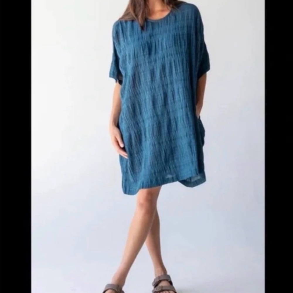 NATURAL LIFE Dress Blue Boho Textured Tunic Earthy Beachy Oversized Lindsay